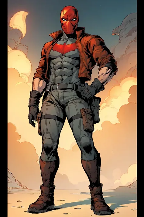 rhdc,full body view,a man,red helmet,brown leather jacket,gray skintight suit,black gloves,belt,red bat symbol,cargo pants,boots,8k,16k,masterpiece,<lora:rhdc:0.7>,