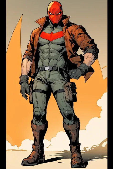 rhdc,full body view,a man,red helmet,brown leather jacket,gray skintight suit,black gloves,belt,red bat symbol,cargo pants,boots,8k,16k,masterpiece,<lora:rhdc:0.7>,