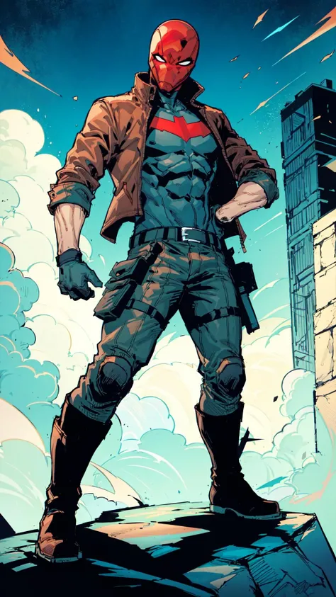 rhdc, full body view, a man, red helmet, brown leather jacket, gray skintight suit, black gloves, belt, red bat symbol, cargo pants, boots, 8k, 16k, masterpiece, <lora:rhdc:0.7>