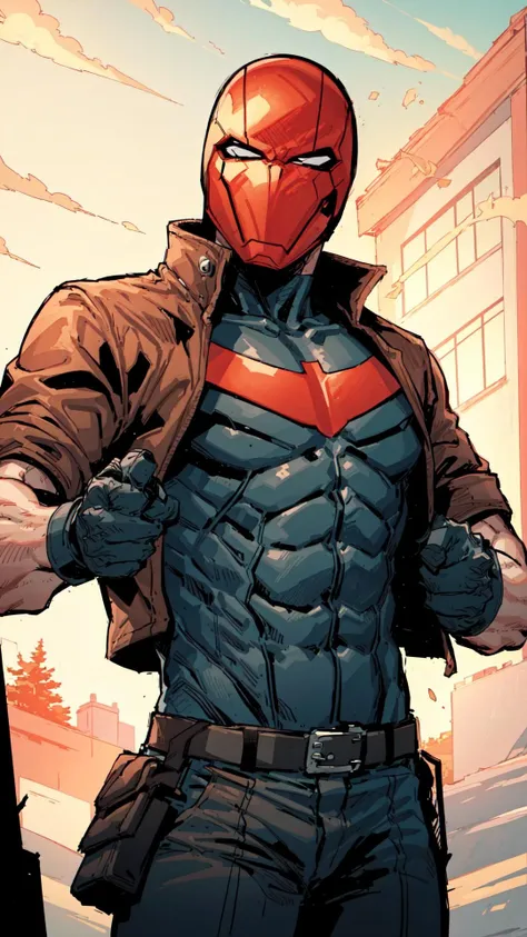 rhdc, a man, red helmet, brown leather jacket, gray skintight suit, black gloves, belt, red bat symbol, 8k. 16k, masterpiece, <lora:rhdc:0.7>