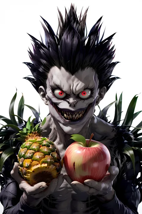 ((masterpiece, best quality)), ultra detailed, Ultra-precise depiction, Ultra-detailed depiction, 4k, 8k, <lora:Ryuk1024:0.8> Ryuk1024, holding pineapple and apple on both hands, white background, both hands in frame, juicy looking fruit,