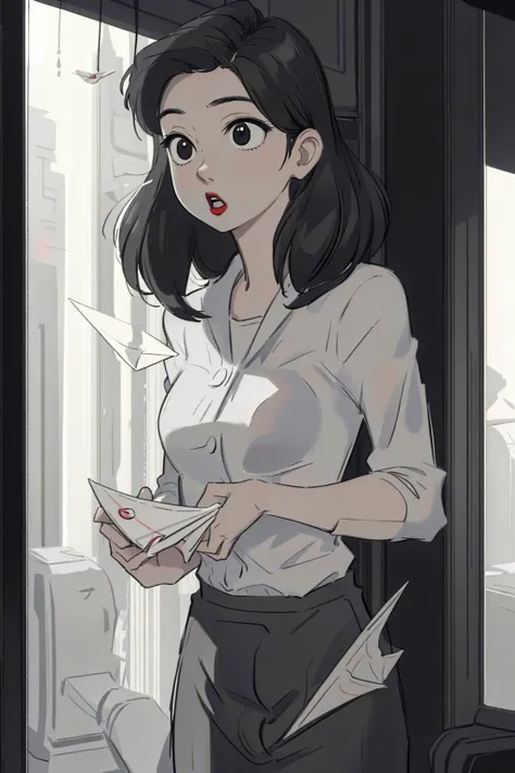 (masterpiece:1.4), (best quality:1.4), (high resolution:1.4), monochrome,
1girl,meg, :o, red lipstick, shirt, skirt, paper airplane,
<lora:meg_v1:1>