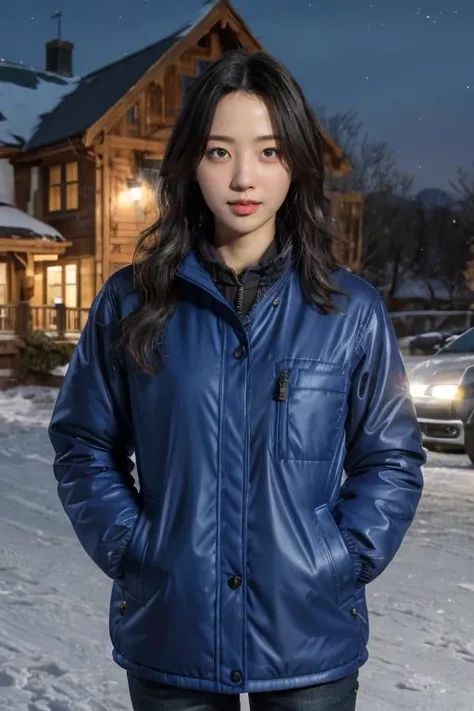 mature body, masterpiece, best quality, ultra-detailed, ultra high res, (photorealistic:1.4), raw photo, (realistic:0.2), CG, {4k|8k} HDR, perfect lighting, 1girl, solo, looking at viewer, (winter clothes, padded jacket), outdoor, (snow, snowflakes), night, aurora sky, upper body, asymmetrical wavy long hair, (detailed oily skin, medium breasts:1), (detailed background :1.1), hands in pocket,