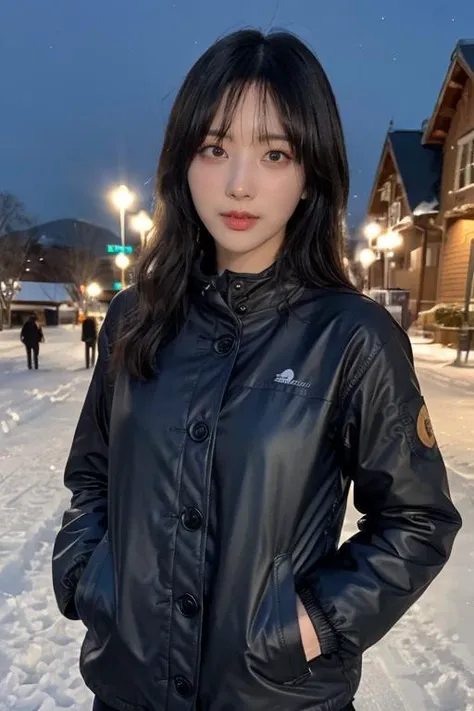 mature body, masterpiece, best quality, ultra-detailed, ultra high res, (photorealistic:1.4), raw photo, (realistic:0.2), CG, {4k|8k} HDR, perfect lighting, 1girl, solo, looking at viewer, (winter clothes, padded jacket), outdoor, (snow, snowflakes), night, aurora sky, upper body, asymmetrical wavy long hair, (detailed oily skin, medium breasts:1), (detailed background :1.1), hands in pocket,