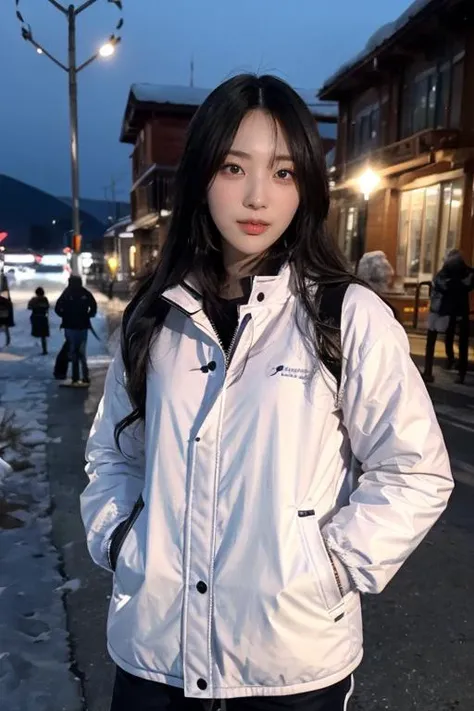 mature body, masterpiece, best quality, ultra-detailed, ultra high res, (photorealistic:1.4), raw photo, (realistic:0.2), CG, {4k|8k} HDR, perfect lighting, 1girl, solo, looking at viewer, (winter clothes, padded jacket), outdoor, (snow, snowflakes), night, aurora sky, upper body, asymmetrical wavy long hair, (detailed oily skin, medium breasts:1), (detailed background :1.1), hands in pocket,