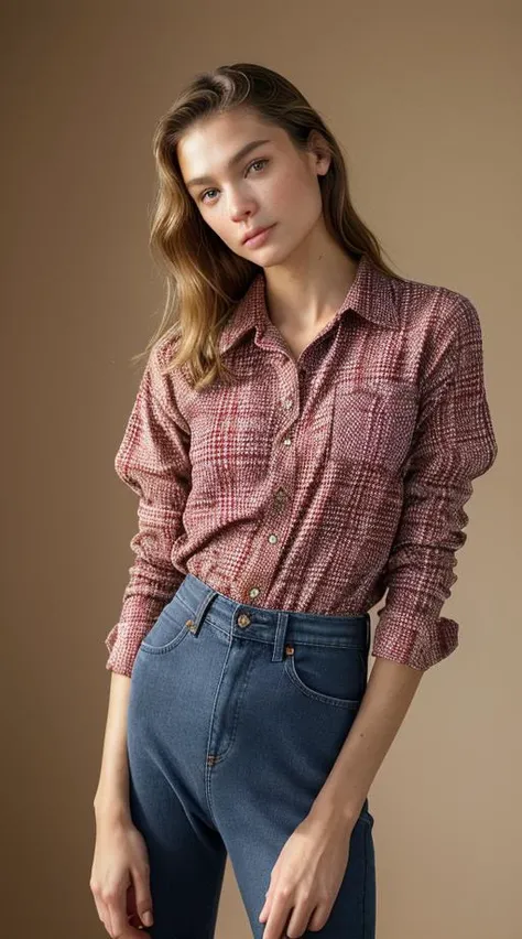 mix444, (Masterpiece Photo:) of (Happy) woman wearing checkered red and black shirt and blue jeans staring at the viewer ,(checkered red and black shirt), (blue jeans),Highly Detailed,(close portrait:1.3),(Feminine:1.4),(beautiful:1.4),(attractive:1.3),calendar pose,perfectly detailed eyes,studio lighting,thematic background, (high detailed skin:1.2), 8k uhd, dslr, soft lighting, high quality, film grain, Fujifilm XT3, hi detail, sharp focus, perfect lighting, awesome, dslr, 4k high quality. extra detail, extra sharp, magical, perfect moment, natural skin, pores