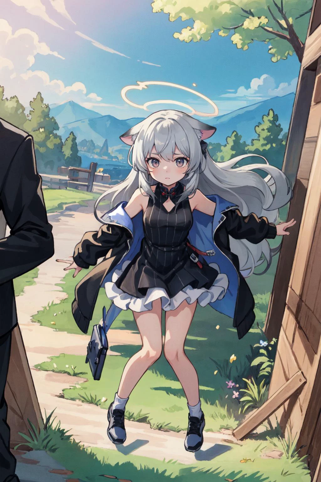 (masterpiece, best quality:1.2), (ultra detailed), (detailed background), (illustration), (delicate illustration), ray tracing, global Illumination, full body,
<lora:kokona_v1:0.7>, 1girl, kokona, halo, dress, black dress, striped dress, jacket, black jacket, sleeveless, long sleeves,
, , Meadow_in_a_high-altitude_region,, outdoors, stretching,