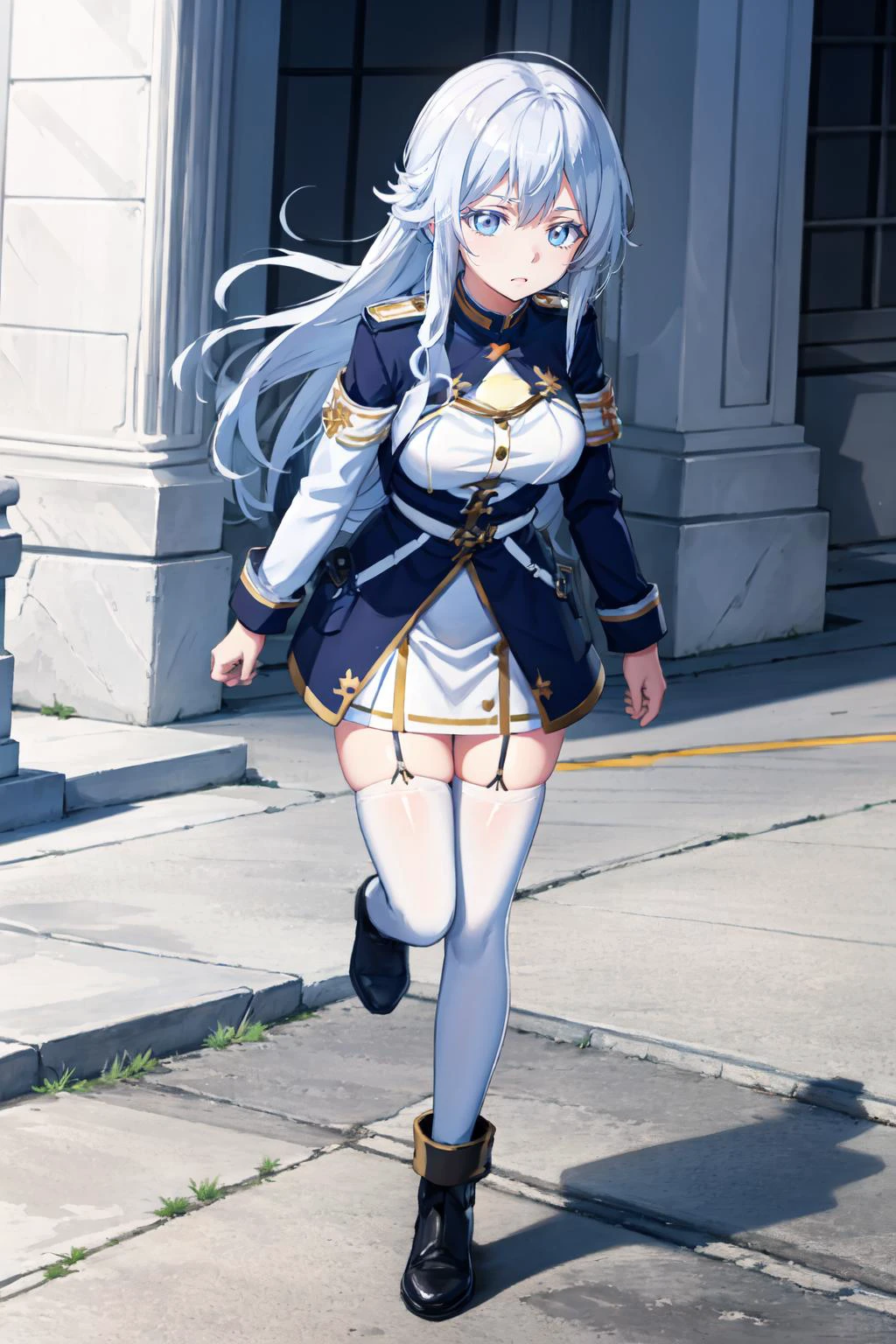 (masterpiece, best quality:1.2), (ultra detailed), (detailed background), (illustration), (delicate illustration), ray tracing, global Illumination, full body, (running:1.1),
<lora:VladilenaMilize_v2.7-000013:0.7>, 1girl, Vladilena, white thighhighs, military uniform,
, , Tour_of_scenic_areas_by_kayak,, outdoors,
