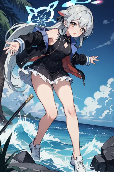 (masterpiece, best quality:1.2), (ultra detailed), (detailed background), (illustration), (delicate illustration), ray tracing, global Illumination, full body,
<lora:kokona_v1:0.7>, 1girl, kokona, halo, dress, black dress, striped dress, jacket, black jacket, sleeveless, long sleeves,
, , A_high_point_with_a_view_of_the_ocean_and_surrounding_area,, outdoors, stretching,