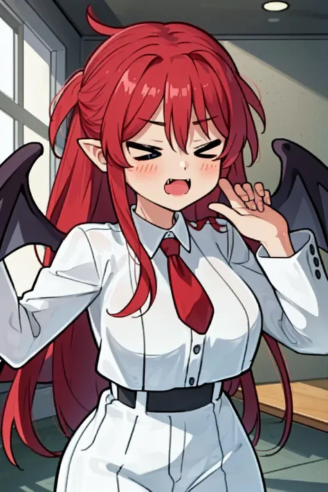 best quality, intricate details,
1girl,   <lora:MariSetogaya:0.8> MariSetogoya,  red hair, large breasts, pointy ears, long hair, wings, fang, bat wings, 
 <lora:v_eyes:1.4> >_<, eyes closed,