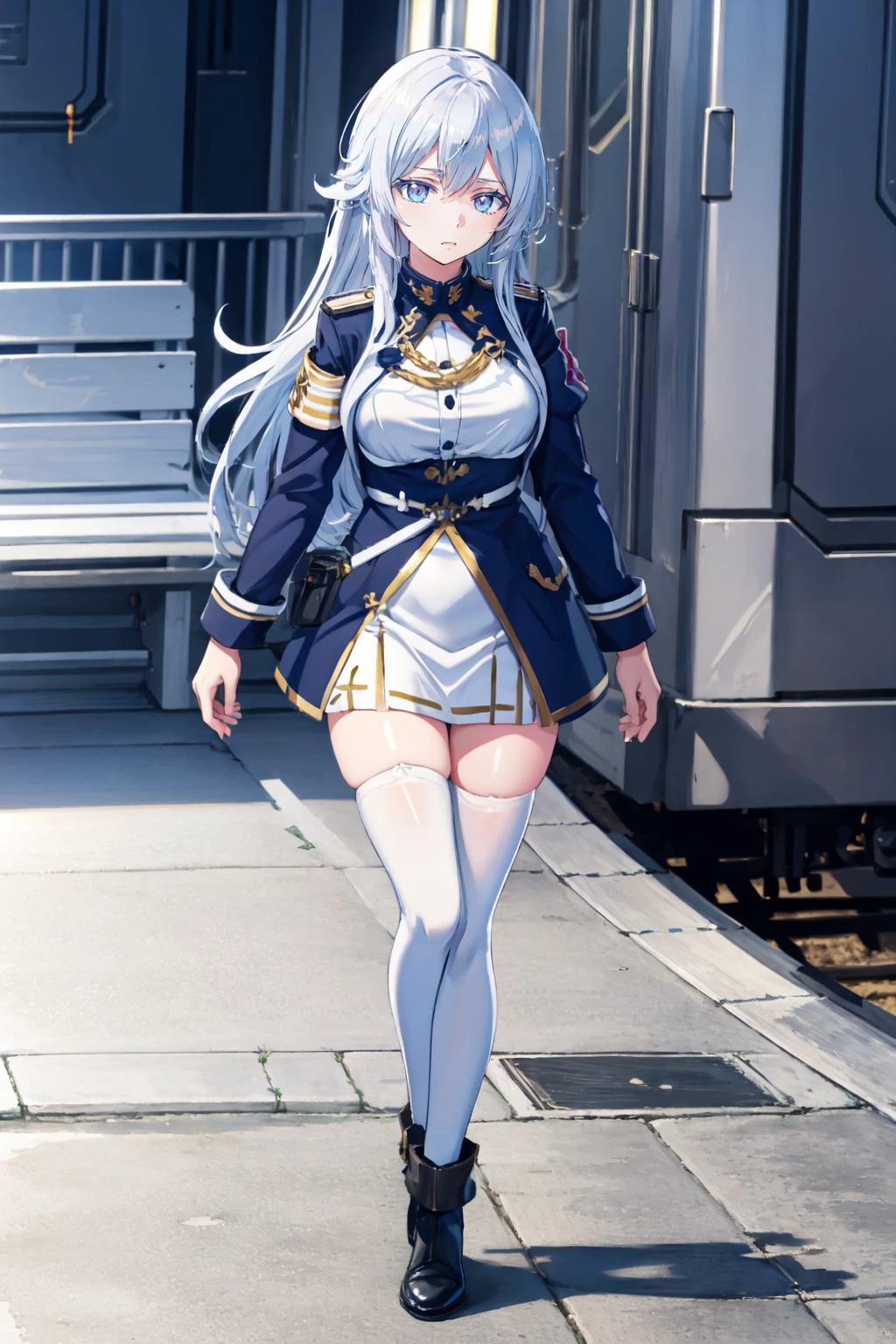(masterpiece, best quality:1.2), (ultra detailed), (detailed background), (illustration), (delicate illustration), ray tracing, global Illumination, full body, (running:1.1),
<lora:VladilenaMilize_v2.7-000013:0.7>, 1girl, Vladilena, white thighhighs, military uniform,
, , Train_ride_through_beautiful_landscapes,, outdoors,