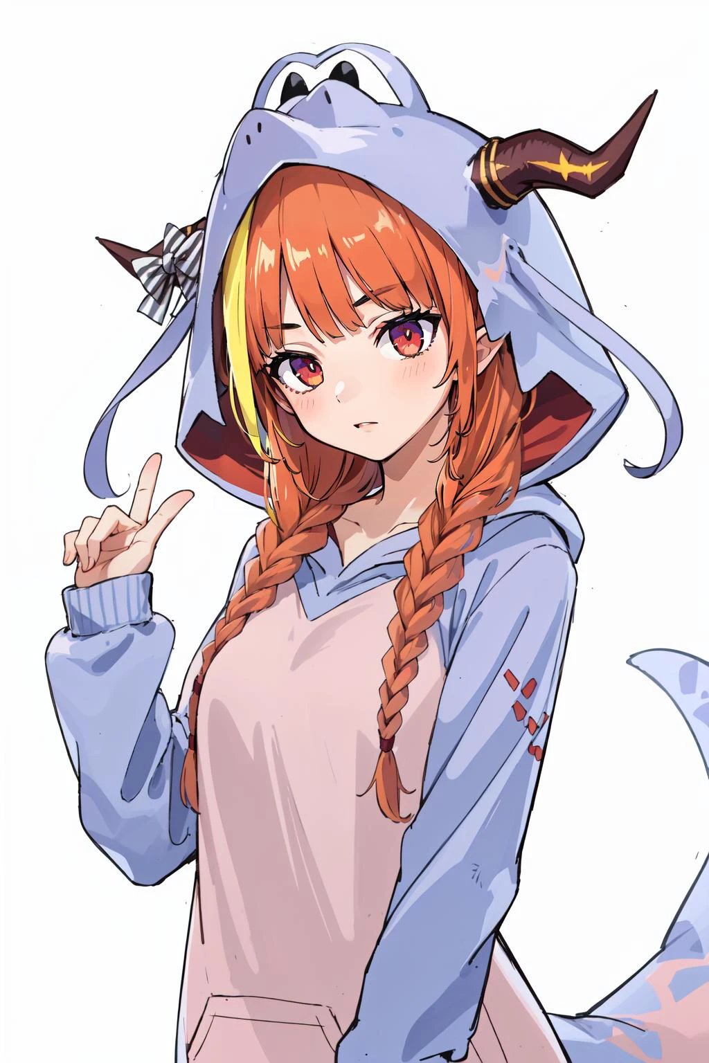 (masterpiece, best quality), intricate details,
1girl, <lora:kiryu_coco_v1:0.8> hmcoco, low twin braids, streaked hair, horn bow, hair over shoulder, dragon tail, animal costume, kigurumi, hood, hood up