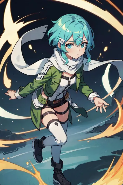 (masterpiece, best quality:1.2), (ultra detailed), (detailed background), (illustration), (delicate illustration), ray tracing, global Illumination, full body,  
1girl, sinon1, scarf, long sleeves, short shorts, hair ornament, hairclip, green thighhighs, green jacket, thigh strap, <lora:sinon:0.7>, leaning forward, :i, outdoors, hand on own knee, 
, , Gliding_through_the_air_with_a_parachute,, outdoors, balancing, heart hands,