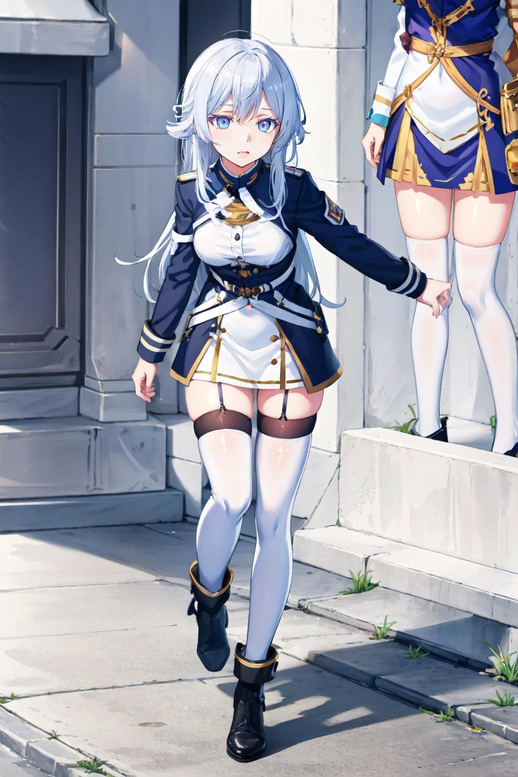 (masterpiece, best quality:1.2), (ultra detailed), (detailed background), (illustration), (delicate illustration), ray tracing, global Illumination, full body, (running:1.1),
<lora:VladilenaMilize_v2.7-000013:0.7>, 1girl, Vladilena, white thighhighs, military uniform,
, , Tasting_locally_produced_wines,, outdoors,