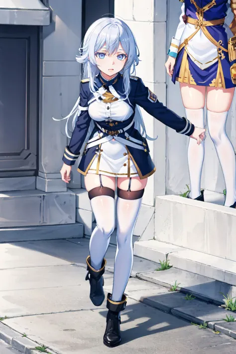 (iwanagadress:1.2), (iwanagakotoko:0.9),(beret:1.8), iwanaga kotoko, 1girl, beret, black bow, blue skirt, bow, brown footwear, cane, dress, hair bow, hat, holding, holding cane, juliet sleeves, light brown hair, long sleeves, looking at viewer, petticoat, puffy sleeves, purple eyes, short hair, skirt, solo, thigh strap, thighhighs, white dress, white headwear, white thighhighs, kyokou suiri, thong, skirt lifted, ((skimpy clothing)), detailed, scenery