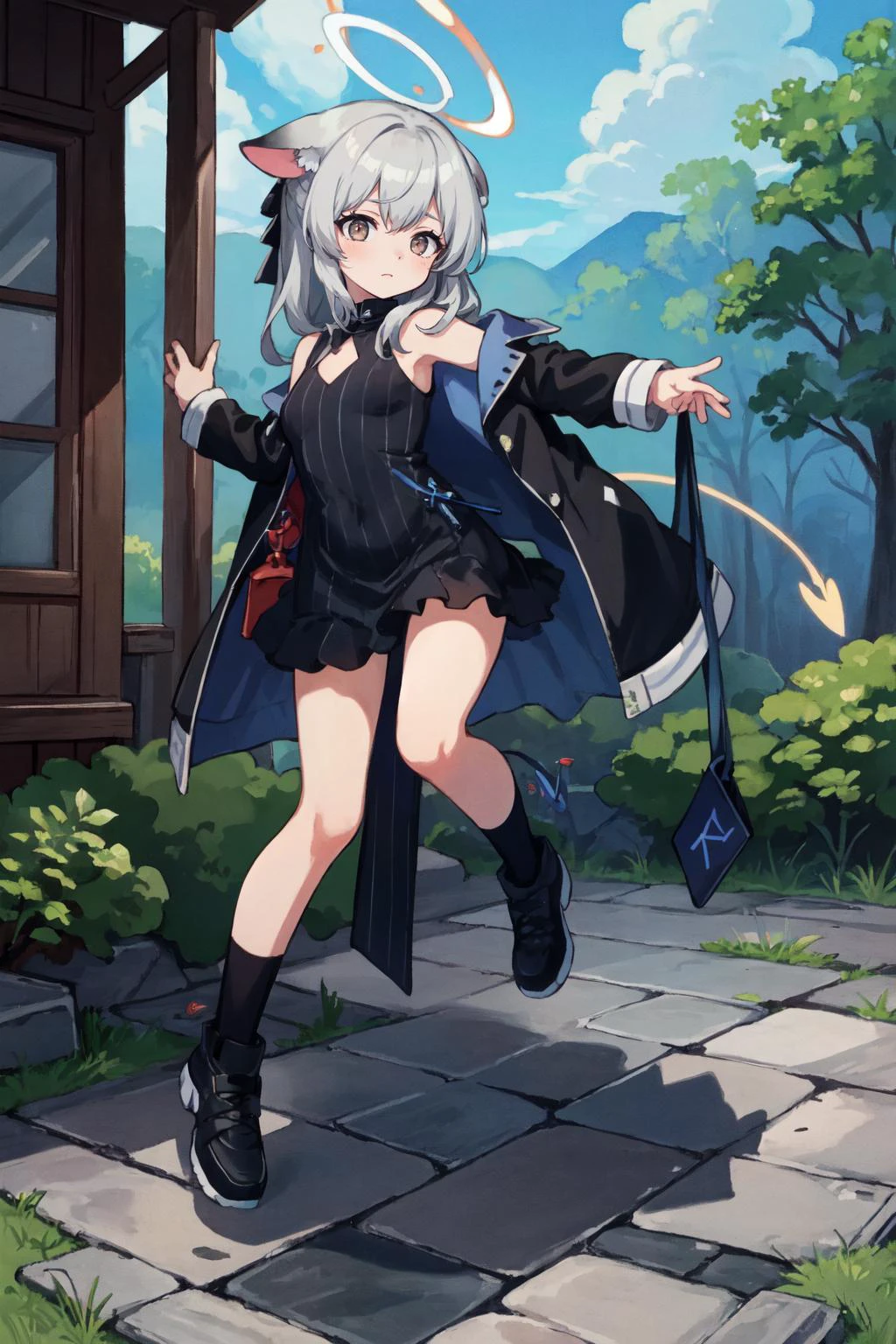 (masterpiece, best quality:1.2), (ultra detailed), (detailed background), (illustration), (delicate illustration), ray tracing, global Illumination, full body,
<lora:kokona_v1:0.7>, 1girl, kokona, halo, dress, black dress, striped dress, jacket, black jacket, sleeveless, long sleeves,
, , Large_landform_with_a_peak,, outdoors, stretching,