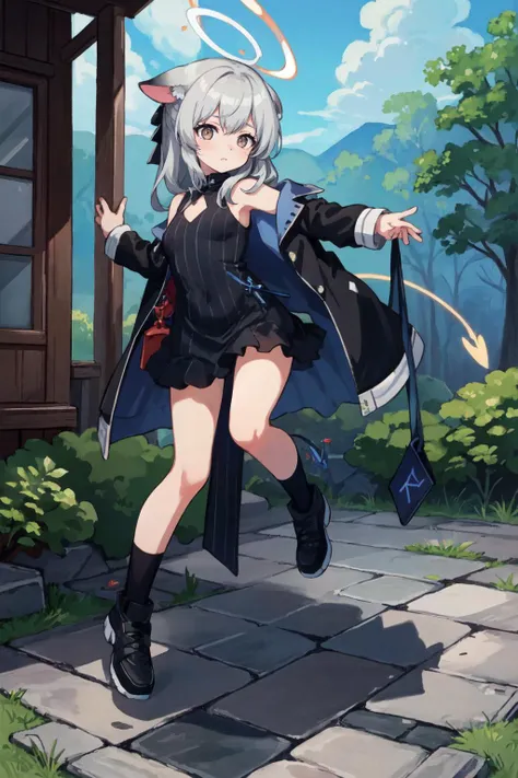 (masterpiece, best quality:1.2), (ultra detailed), (detailed background), (illustration), (delicate illustration), ray tracing, global Illumination, full body,  
 <lora:kokona_v1:0.7>, 1girl, kokona, halo, dress, black dress, striped dress, jacket, black jacket, sleeveless, long sleeves, 
, , Large_landform_with_a_peak,, outdoors, stretching,