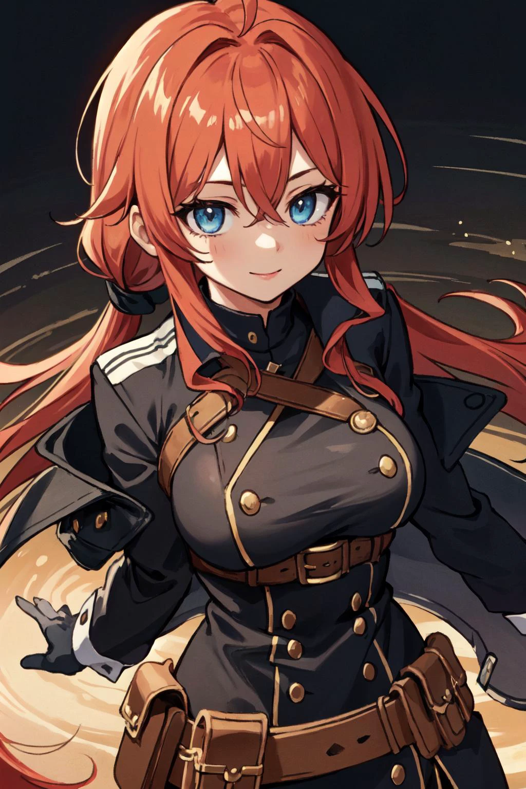 (masterpiece:1.2, best quality:1.1), looking at viewer, full_body, 1girl, solo, red hair, long hair, ponytail, ahoge, blue eyes, hair between eyes, large breasts, smile, gloves, black gloves, black jacket, jacket, belt, bangs, long sleeves, snap-fit buckle, open jacket, open clothes, sidelocks, pouch,, Ray Tracing, (8k), (4k), Global Illumination, Brilliant Colorful Paintings, Dramatic Shadow, An Extremely Delicate And Beautiful, Best Shadows, extremely detailed, intricate, sharp focus, hyper detailed, Shallow Depth of Field, Dramatic Lighting,