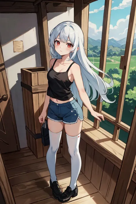 (masterpiece, best quality:1.2), (illustration), Ray Tracing, global Illumination, full body,  standing, 
indoors, tank_top, dolphin shorts, stilt house, bunker, wooden bridge, bridge, rural, 1girl, solo, long_hair, white hair, red eyes,  two_side_up, blush, small_breasts, thighhighs,, (8k), (4k), Brilliant Colorful Paintings, Dramatic Shadow, An Extremely Delicate And Beautiful, Best Shadows, extremely detailed, intricate, sharp focus, hyper detailed, Shallow Depth of Field, Dramatic Lighting,