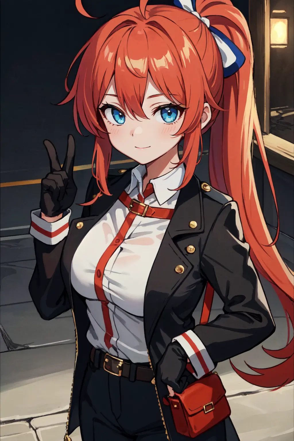 (masterpiece:1.2, best quality:1.1), looking at viewer, full_body, 1girl, solo, red hair, long hair, ponytail, ahoge, blue eyes, hair between eyes, large breasts, smile, gloves, black gloves, black jacket, jacket, belt, bangs, long sleeves, snap-fit buckle, open jacket, open clothes, sidelocks, pouch,, Ray Tracing, (8k), (4k), Global Illumination, Brilliant Colorful Paintings, Dramatic Shadow, An Extremely Delicate And Beautiful, Best Shadows, extremely detailed, intricate, sharp focus, hyper detailed, Shallow Depth of Field, Dramatic Lighting,