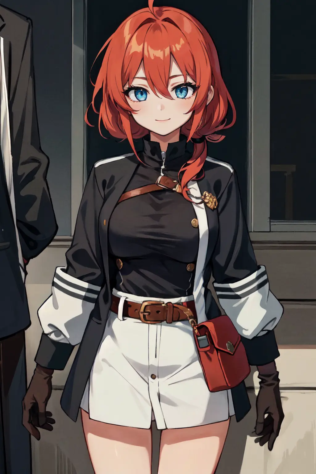 (masterpiece:1.2, best quality:1.1), looking at viewer, full_body, 1girl, solo, red hair, long hair, ponytail, ahoge, blue eyes, hair between eyes, large breasts, smile, gloves, black gloves, black jacket, jacket, belt, bangs, long sleeves, snap-fit buckle, open jacket, open clothes, sidelocks, pouch,, Ray Tracing, (8k), (4k), Global Illumination, Brilliant Colorful Paintings, Dramatic Shadow, An Extremely Delicate And Beautiful, Best Shadows, extremely detailed, intricate, sharp focus, hyper detailed, Shallow Depth of Field, Dramatic Lighting,
