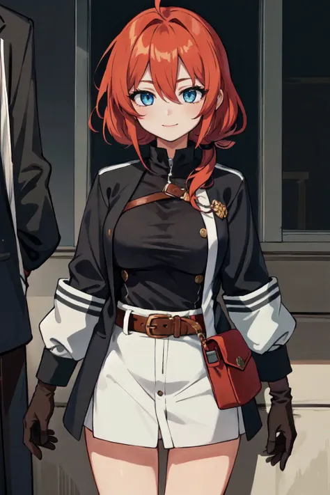 (masterpiece:1.2, best quality:1.1), looking at viewer, full_body, 1girl, solo, red hair, long hair, ponytail, ahoge, blue eyes, hair between eyes, large breasts, smile, gloves, black gloves, black jacket,  jacket, belt, bangs, long sleeves, snap-fit buckle, open jacket, open clothes, sidelocks, pouch,, Ray Tracing, (8k), (4k), Global Illumination, Brilliant Colorful Paintings, Dramatic Shadow, An Extremely Delicate And Beautiful, Best Shadows, extremely detailed, intricate, sharp focus, hyper detailed, Shallow Depth of Field, Dramatic Lighting,