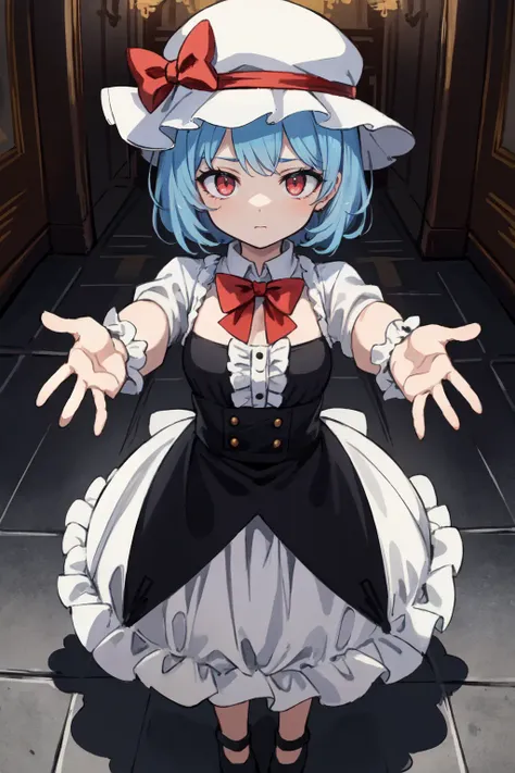 (masterpiece, best quality:1.2), (illustration), Ray Tracing, global Illumination, full body,  standing, 
1girl, solo, vampire, wrist_cuffs, bowtie, frills, hat, hat_bow, mob_cap, outstretched_arms, red_bow, red_bowtie, red_eyes, short_hair, silver_hair,, (8k), (4k), Brilliant Colorful Paintings, Dramatic Shadow, An Extremely Delicate And Beautiful, Best Shadows, extremely detailed, intricate, sharp focus, hyper detailed, Shallow Depth of Field, Dramatic Lighting,