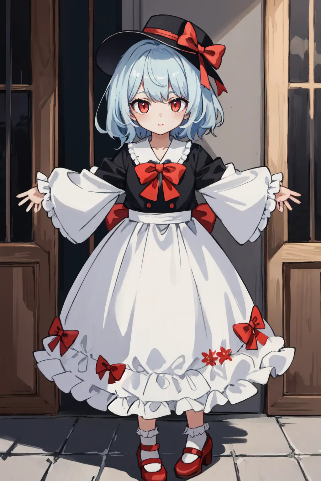 (masterpiece, best quality:1.2), (illustration), Ray Tracing, global Illumination, full body, standing,
1girl, solo, vampire, wrist_cuffs, bowtie, frills, hat, hat_bow, mob_cap, outstretched_arms, red_bow, red_bowtie, red_eyes, short_hair, silver_hair,, (8k), (4k), Brilliant Colorful Paintings, Dramatic Shadow, An Extremely Delicate And Beautiful, Best Shadows, extremely detailed, intricate, sharp focus, hyper detailed, Shallow Depth of Field, Dramatic Lighting,