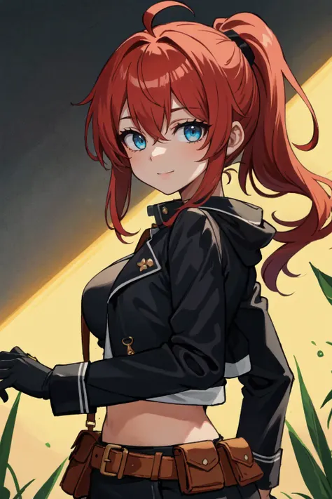 (masterpiece:1.2, best quality:1.1), looking at viewer, full_body, 1girl, solo, red hair, long hair, ponytail, ahoge, blue eyes, hair between eyes, large breasts, smile, gloves, black gloves, black jacket,  jacket, belt, bangs, long sleeves, snap-fit buckle, open jacket, open clothes, sidelocks, pouch,, Ray Tracing, (8k), (4k), Global Illumination, Brilliant Colorful Paintings, Dramatic Shadow, An Extremely Delicate And Beautiful, Best Shadows, extremely detailed, intricate, sharp focus, hyper detailed, Shallow Depth of Field, Dramatic Lighting,