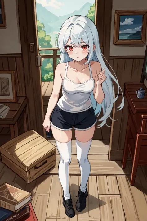 (masterpiece, best quality:1.2), (illustration), Ray Tracing, global Illumination, full body, standing,
indoors, tank_top, dolphin shorts, stilt house, bunker, wooden bridge, bridge, rural, 1girl, solo, long_hair, white hair, red eyes, two_side_up, blush, small_breasts, thighhighs,, (8k), (4k), Brilliant Colorful Paintings, Dramatic Shadow, An Extremely Delicate And Beautiful, Best Shadows, extremely detailed, intricate, sharp focus, hyper detailed, Shallow Depth of Field, Dramatic Lighting,