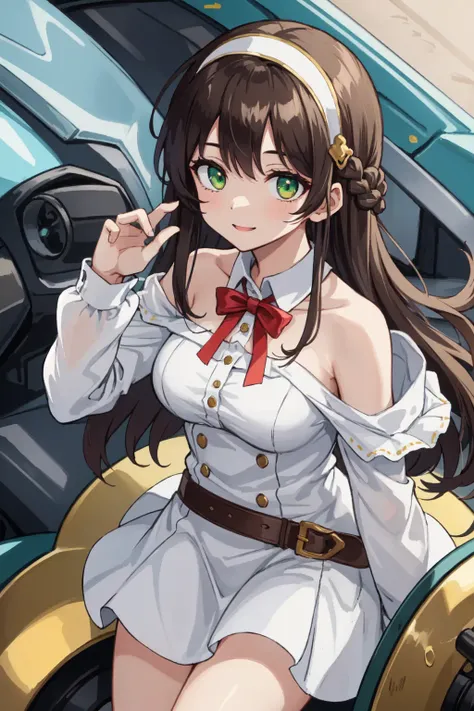 (masterpiece, best quality:1.2), (ultra detailed), (detailed background), (illustration), (delicate illustration), ray tracing, global Illumination, full body,
165cm, 77-60-88 C-cup breasts. glossy dark brown hair, a waist-length wave hairstyle, Gold bird-winged hairpins and headband, green eyes with a mechanical glow, Synthetic Biotissue skin, synthetic seams on the skin, white dress shirt, beige dress, a red ribbon, Fascinating smile, elegant & refined impression,, Original Character, infancy__years, 1girl, JY:1.2, solo, long_hair, bangs, brown hair, braid, wavy hair, green eyes, heterochromia, Azure eyes, medium_breasts, A lovely golden ratio body, delicate feet, Honeyed thighs, glossy skin:1.2, shiny skin:1.2, detailed skin,, (8k), (4k), Brilliant Colorful Paintings, Dramatic Shadow, An Extremely Delicate And Beautiful, Best Shadows, extremely detailed, intricate, sharp focus, hyper detailed, Shallow Depth of Field, Dramatic Lighting,