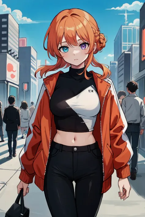 (masterpiece, best quality:1.2), (illustration), Ray Tracing, global Illumination, full body,  
 cable, city, cyberpunk, outdoors, jacket, black jacket, science fiction, pants, black pants,, 1girl, early teen,   orange hair, medium hair, wavy hair, asymmetrical hair, braid, half updo, aqua eyes, heterochromia, purple eyes, medium breasts, pale skin, athlete, wide hips, narrow waist, curvy, petite,, (8k), (4k), Brilliant Colorful Paintings, Dramatic Shadow, An Extremely Delicate And Beautiful, Best Shadows, extremely detailed, intricate, sharp focus, hyper detailed, Shallow Depth of Field, Dramatic Lighting,