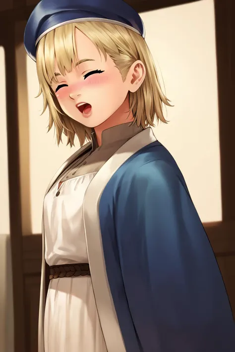 <lora:IrotsuyaP:1>Irotsuya, <lora:dungeon_meshi_falin:1>falin thorden, blush, short hair, blonde hair, closed eyes,hat, blue headwear, robe, Score_9, Score_8_up, Score_7_up, Score_6_up, Score_5_up, Score_4_up, BREAK,1girl in full growth, best quality, masterpiece, ultra-detailed, high quality,good quality,1 girl,(master piece,high resolution, ultra detailed,8K,16K),look at viewer