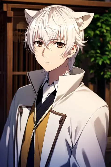masterpiece, best quality, photorealistic, 1boy, solo, male focus, looking at viewer, upper body, depth of field, , , <lora:yashiro_isana:0.70>, yashiro_isana, white hair, brown eyes, lion costume, The Shrine of the Lost,