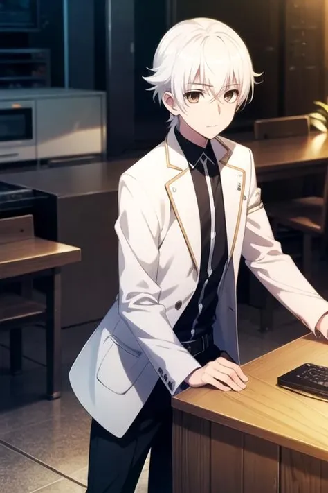 masterpiece, best quality, game cg, 1boy, solo, male focus, looking at viewer, , depth of field, , , <lora:yashiro_isana:0.68>, yashiro_isana, white hair, brown eyes, sport coat, , soft science fiction, 12k resolution