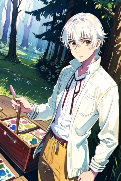 masterpiece, best quality, sketch, 1boy, solo, male focus, looking at viewer, , , (watercolor illustration, soft pastel colors:1.1), realistic, <lora:yashiro_isana:0.66>, yashiro_isana, white hair, brown eyes, timber costume, ,