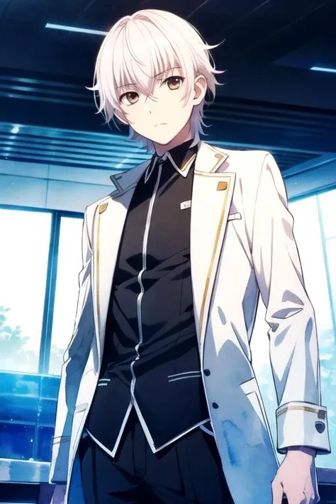 masterpiece, best quality, , 1boy, solo, male focus, looking at viewer, , depth of field, (watercolor illustration, soft pastel colors:1.1), , <lora:yashiro_isana:0.68>, yashiro_isana, white hair, brown eyes, sport coat, tam, science fiction cyber-noir, High resolution