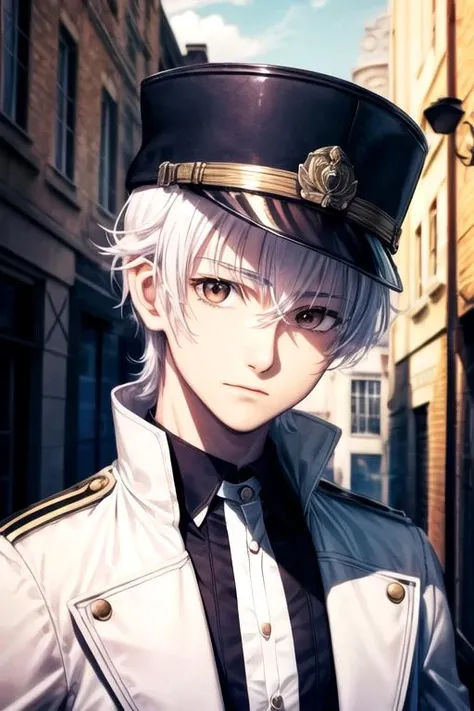 masterpiece, best quality, illustration, 1boy, solo, male focus, looking at viewer, upper body, , , , <lora:yashiro_isana:0.66>, yashiro_isana, white hair, brown eyes, long sleeve shirt, bowler hat, world war 1, 32k resolution