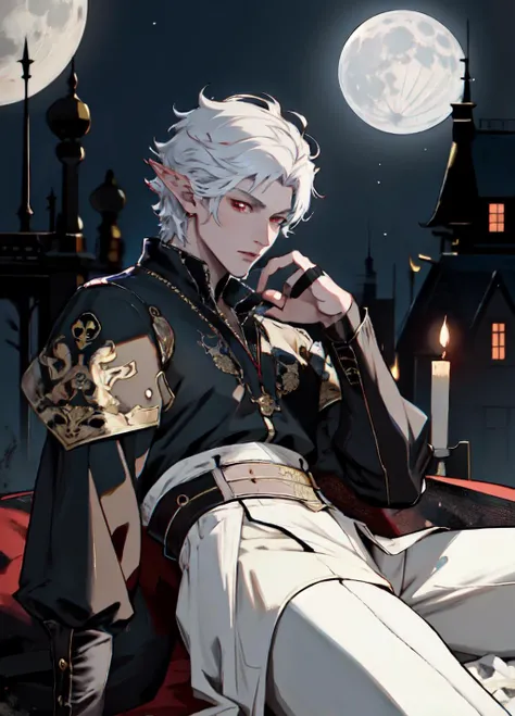 (best quality, masterpiece, high resolution, highres, absurdres):1.2 <lora:BGAstarion:1> anime illustration, thick linework, bgastarion, 1boy, solo, halfbody, looking at viewer, sexy, parted lips, sultry, red eyes, white hair, elf, night in a mansion, full moon, crows, gothic, black and gold color scheme, victorian gothic
