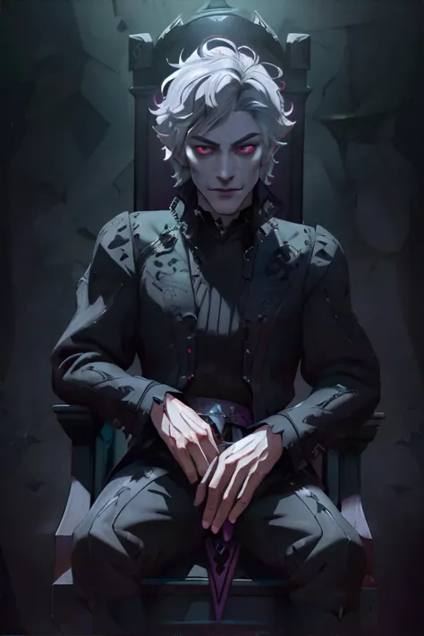 <lora:astarion-bloodredkittie:0.8>, BGAstarion, male, masculine, sitting on gothic throne, wearing crown, purple and black vampire outfit, smirk, silver hair, red eyes || masterpiece, 8k, high resolution, shallow depth of field, sharp focus
