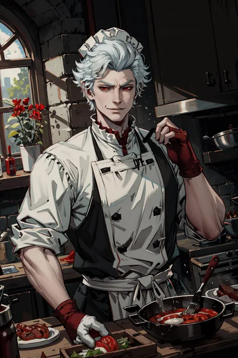 (highres,absurdres,incredibly absurdres,huge filesize,Volumetric Lighting,moody lighting),
AstarionNewBG, 1boy, mature male, white hair, red eyes, vampire, smirk, cooking, chef, chef hat, chef uniform, mittens,  <lora:AstarionNewBG:0.7>