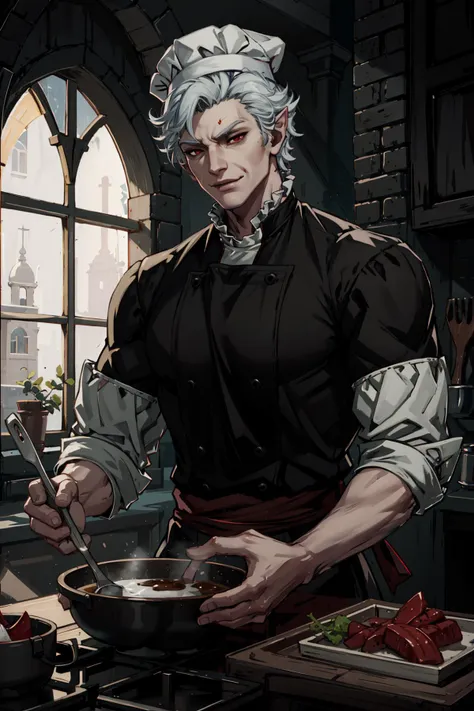 (highres,absurdres,incredibly absurdres,huge filesize,Volumetric Lighting,moody lighting),
AstarionNewBG, 1boy, mature male, white hair, red eyes, vampire, smirk, cooking, chef, chef hat, chef uniform, mittens,  <lora:AstarionNewBG:0.7>