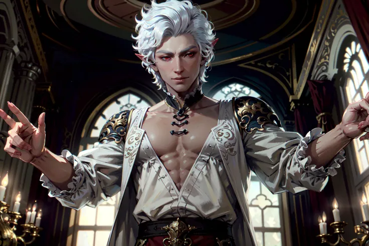 (masterpiece, best quality:1.3), BGAstarion, 1boy, solo, white hair, red eyes, pointy ears, upper body, random pose, castle room interior background <lora:BGAstarion:0.85>