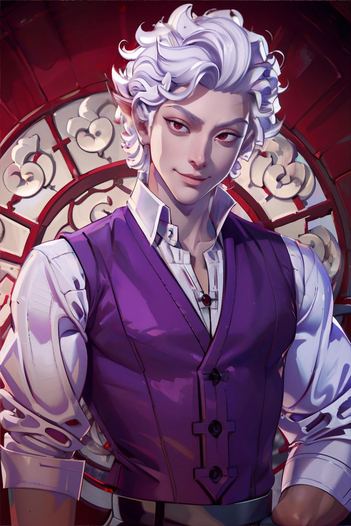 <lora:astarion:0.5>, AstarionBG, man, white curly hair, red eyes, smirk, wearing white buttonup shirt and purple vest || masterpiece, perfect quality, sharp focus, shallow depth of field, 8k