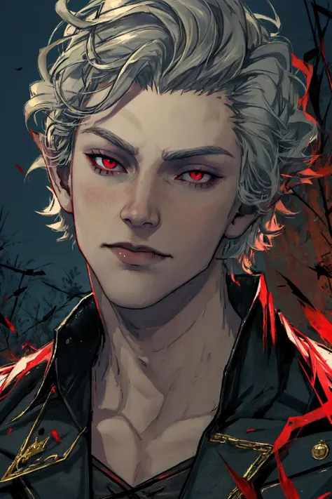 Young boy of 18 years, vampiro, con piel canela, ojos de color violeta plata, cabello blanco, ondulado y esponjoso