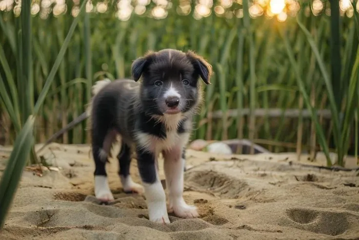 <lora:Gucio_lora:1>,portrait of a black and white (skinny puppy:1.3), a beautiful outdoor, vivid colors, color grading, sunset, golden hour, masterpiece, mastershot, film grain, photorealistic, details, looking at viewer, <lora:epiCRealismHelper:0.5>, nikon, canon, 60mm, plants <lora:JZCG001-Realistic natural scenery 1.0:0.7>, water, reflects, sunlight, perspective