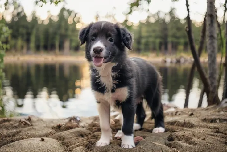 <lora:Gucio_lora:1>,portrait of a black and white (skinny puppy:1.3), a beautiful lake in background, vivid colors, color grading, sunset, golden hour, masterpiece, mastershot, film grain, photorealistic, details, looking at viewer, <lora:epiCRealismHelper:0.6>, nikon, canon, 60mm, plants <lora:JZCG001-Realistic natural scenery 1.0:0.7>, (lake:1.2), reflects, sunlight, wide shot, soft shadows