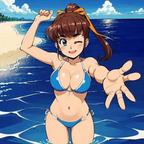 masterpiece,high quality,solo,
<lora:mistybrown001:0.7>,looking at viewer,smile,
mistybrown,1girl,
long hair,ponytail,hair ribbon,thick eyebrows,brown hair,blue eye,(one eye closed:1.2),
bikini,ocean,cowboy shot,