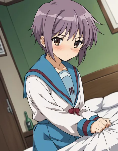 score_9, score_8_up, score_7_up, source_anime,
yukinagato, <lora:yuki-nagato-s1-ponyxl-lora-nochekaiser:1>,
yuki nagato, short hair, bangs, brown eyes, purple hair,
skirt, long sleeves, school uniform, serafuku, sailor collar, blue skirt, blue sailor collar, winter uniform, kita high school uniform,
indoors, bed, bed room, on side, blush, drunk,
looking at viewer, dutch angle, cowboy shot, solo,