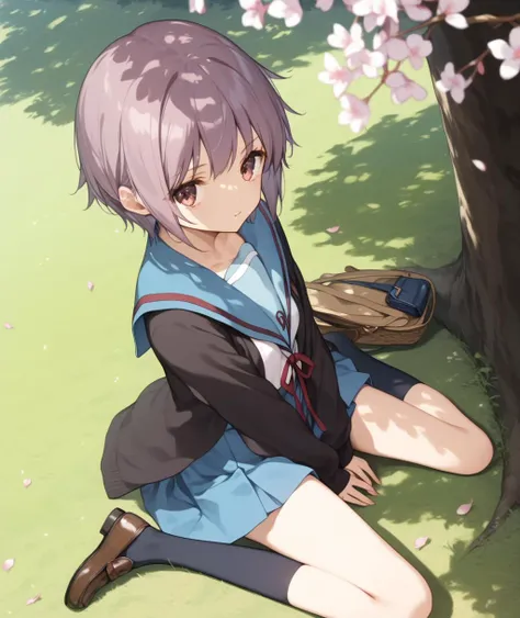 score_9, score_8_up, score_7_up, score_6_up,
<lora:Expressive_H:1.0>, uncensored,
1girl, <lora:yuki-nagato-s1-ponyxl-lora-nochekaiser:1>, yuki nagato, short hair, bangs, brown eyes, purple hair, small breasts,
skirt, long sleeves, school uniform, serafuku, sailor collar, blue skirt, blue sailor collar, winter uniform, kita high school uniform, black socks, loafers,
black cardigan,
looking at viewer, solo,
dating, picnic, (lunchbox:1.1), seat, on seat,
outdoors, park, on grass, tree, cherry blossoms, Cherry blossom leaves dancing, sunlight filtering through the trees,
sitting, wariza, hand between legs,
(dutch angle), (from above:1.1),
against tree,
masterpiece, best quality,